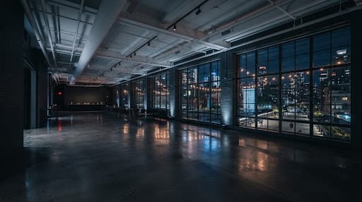 Wide view of an open-plan industrial event space with polished concrete floors, a concrete column grid, and floor-to-ceiling glass storefront